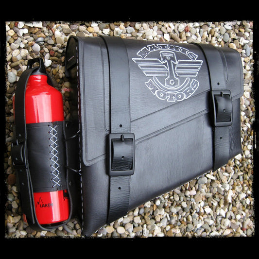 dhcustom fekete bőr oldaltáska with üzemanyag bottle
